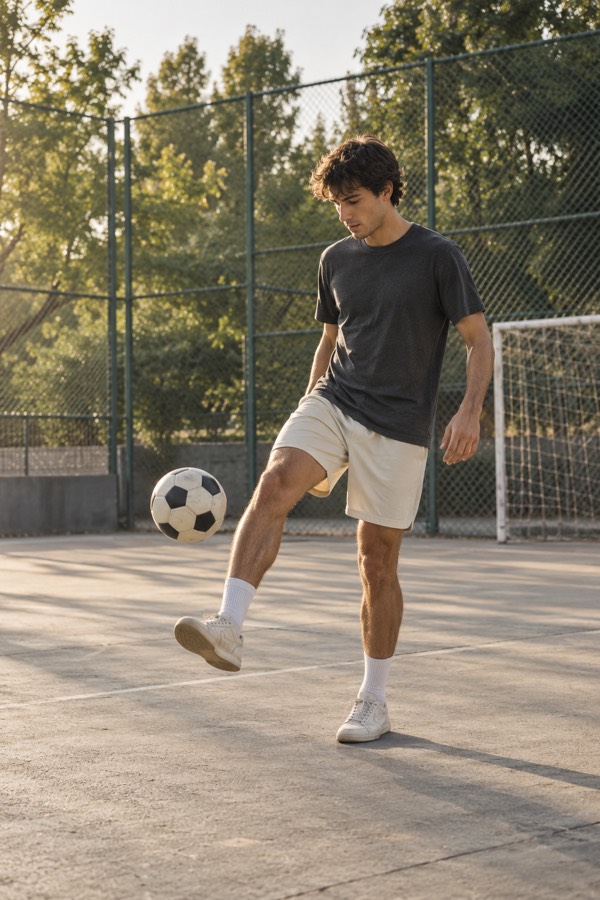 A football player juggling on a sunny neighborhood court